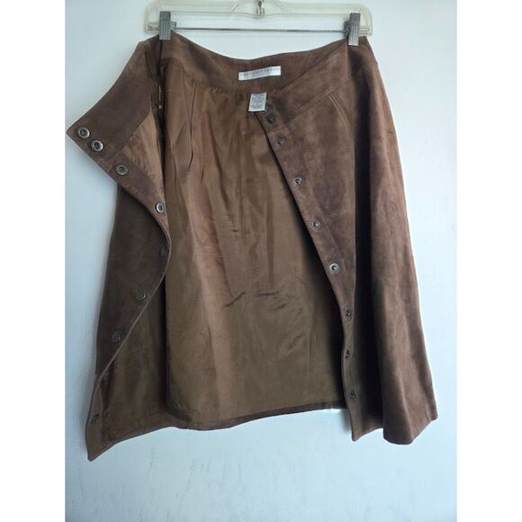 Geoffrey Beene Brown 100% Leather Suede Button Front A-Line Skirt size 10 - Picture 4 of 7